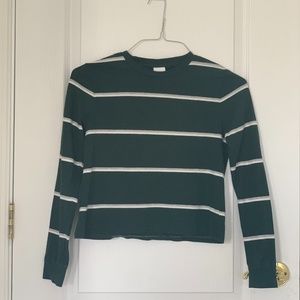 Cropped Green, Gray & White Striped Shirt